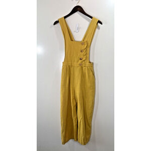 Zara Women’s Linen Overalls Size XS Yellow Marigold Ruffles Wood Buttons Cottage